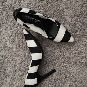 Christian sirano black and white striped heels